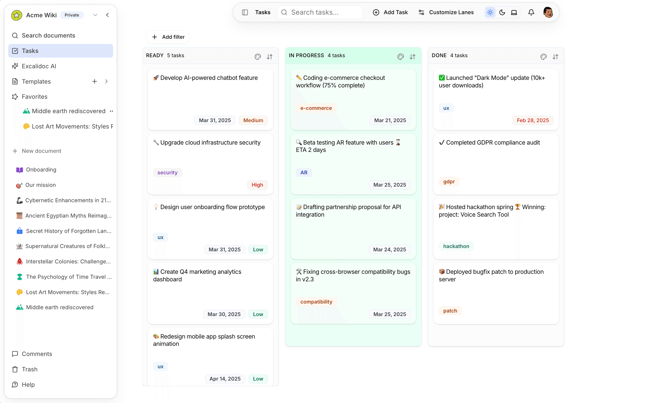 Tasks dashboard view